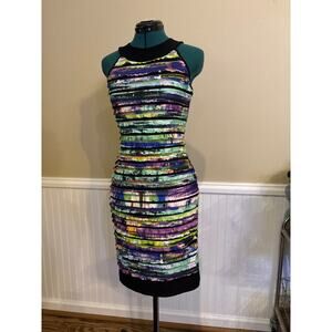 Joseph Ribkoff Black Multi Water-Color Tiered 34 Mini Ruffles Knit Dress~6~UK8